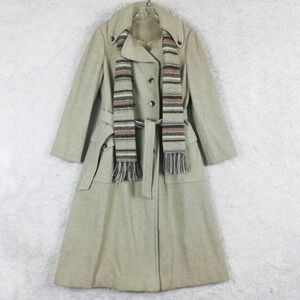 Vtg Montello Jacket Trench Coat Wool Blend Double Breasted Khaki Belted Long XS